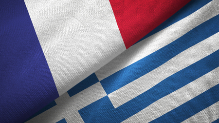 France and Greece flags together relations textile cloth, fabric textureの写真素材