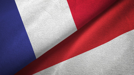 France and Indonesia flags together relations textile cloth, fabric textureの写真素材