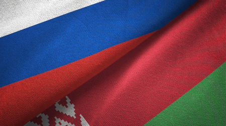 Russia and Belarus flags together relations textile cloth, fabric textureの写真素材