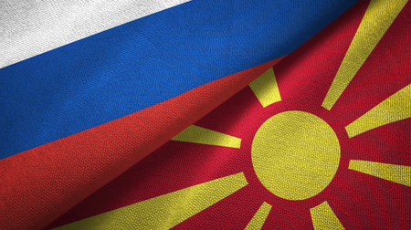 Russia and Macedonia flags together relations textile cloth, fabric textureの写真素材