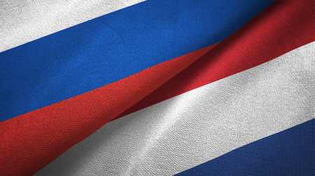 Russia and Netherlands flags together relations textile cloth, fabric textureの写真素材