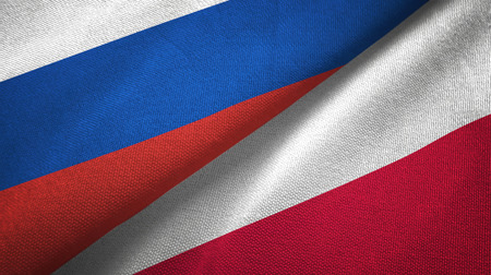 Russia and Poland flags together relations textile cloth, fabric textureの写真素材