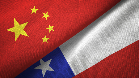 China and Chile flags together relations textile cloth, fabric textureの写真素材
