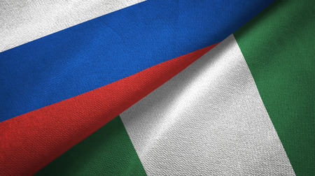 Russia and Nigeria flags together relations textile cloth, fabric textureの写真素材