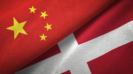 China and Denmark flags together relations textile cloth, fabric textureの写真素材