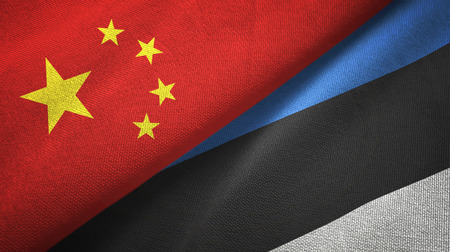 China and Estonia flags together relations textile cloth, fabric textureの写真素材