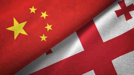 China and Georgia flags together relations textile cloth, fabric textureの写真素材
