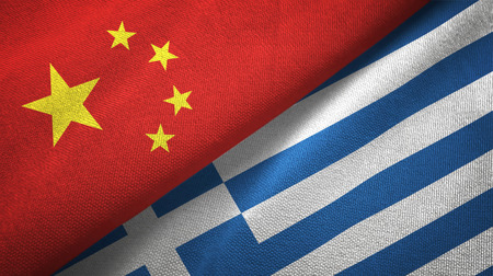 China and Greece flags together relations textile cloth, fabric textureの写真素材