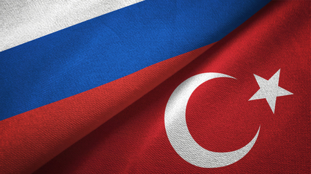 Russia and Turkey flags together relations textile cloth, fabric textureの写真素材