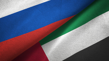 Russia and United Arab Emirates flags together relations textile cloth, fabric textureの写真素材
