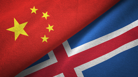 China and Iceland flags together relations textile cloth, fabric textureの写真素材