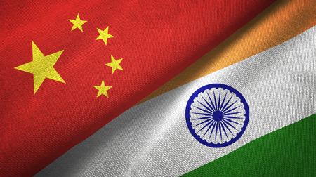 China and India flags together relations textile cloth, fabric textureの写真素材