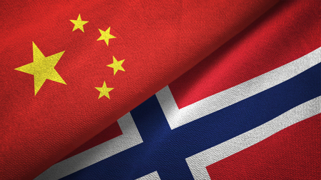 China and Norway flags together relations textile cloth, fabric textureの写真素材
