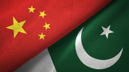 China and Pakistan flags together relations textile cloth, fabric textureの写真素材
