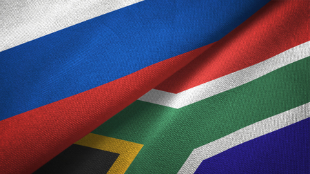 Russia and South Africa flags together relations textile cloth, fabric textureの写真素材