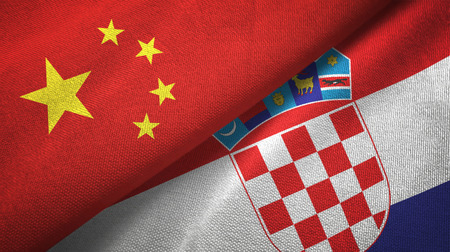 China and Croatia flags together relations textile cloth, fabric textureの写真素材