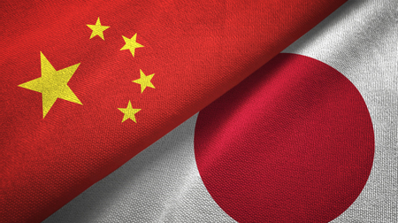 China and Japan flags together relations textile cloth, fabric textureの写真素材