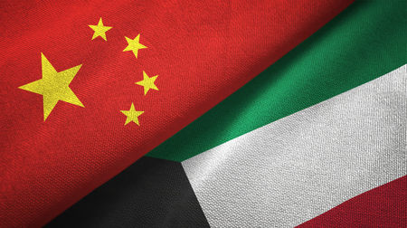 China and Kuwait flags together relations textile cloth, fabric textureの写真素材
