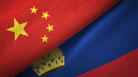 China and Liechtenstein flags together relations textile cloth, fabric textureの写真素材