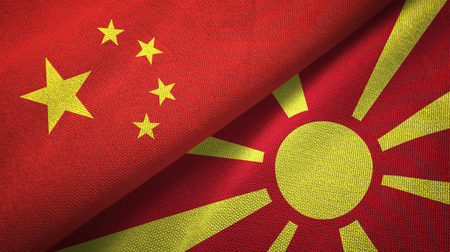 China and Macedonia flags together relations textile cloth, fabric textureの写真素材