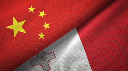 China and Malta flags together relations textile cloth, fabric textureの写真素材