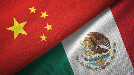 China and Mexico flags together relations textile cloth, fabric textureの写真素材