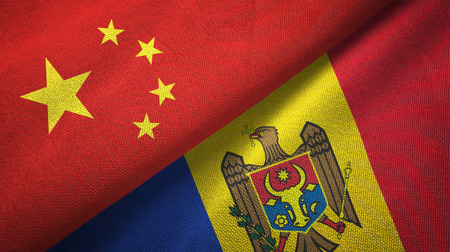 China and Moldova flags together relations textile cloth, fabric textureの写真素材