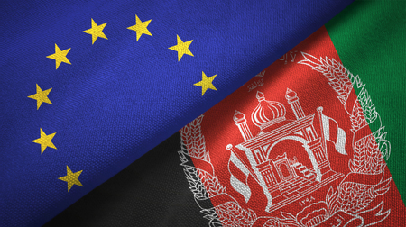 European Union and Afghanistan flags together relations textile cloth, fabric textureの写真素材