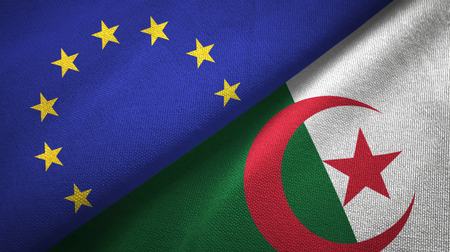 European Union and Algeria flags together relations textile cloth, fabric textureの写真素材