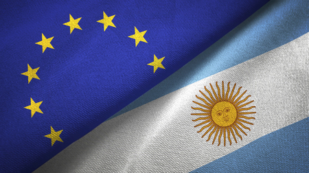 European Union and Argentine flags together relations textile cloth, fabric textureの写真素材