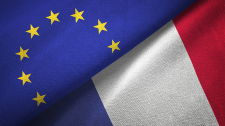 European Union and France flags together relations textile cloth, fabric textureの写真素材