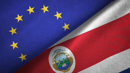 European Union and Costa Rica flags together relations textile cloth, fabric textureの写真素材