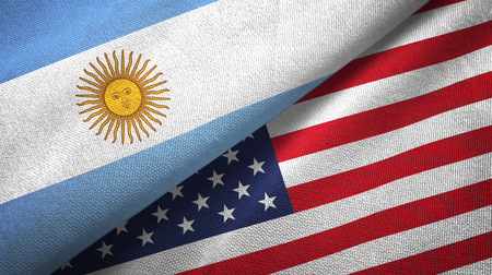 Argentina and United States flags together relations textile cloth, fabric textureの写真素材