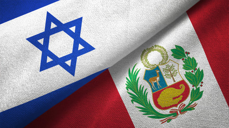 Israel and Peru flags together textile cloth, fabric textureの写真素材