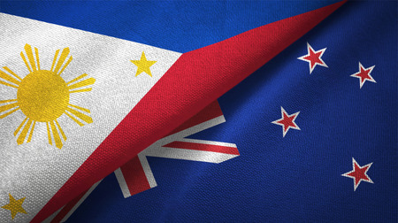 Philippines and New Zealand flags together relations textile cloth, fabric textureの写真素材