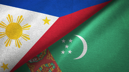 Philippines and Turkmenistan flags together relations textile cloth, fabric textureの写真素材