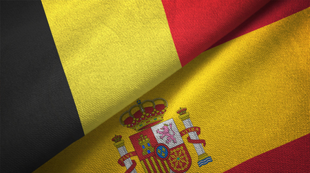 Belgium and Spain flags together relations textile cloth, fabric texture