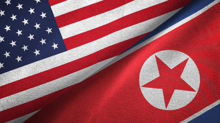 United States and North Korea two folded flags togetherの写真素材