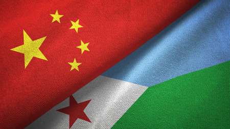 China and Djibouti two folded flags togetherの写真素材