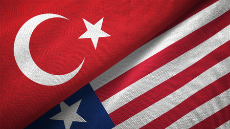 Turkey and Liberia two folded flags togetherの写真素材