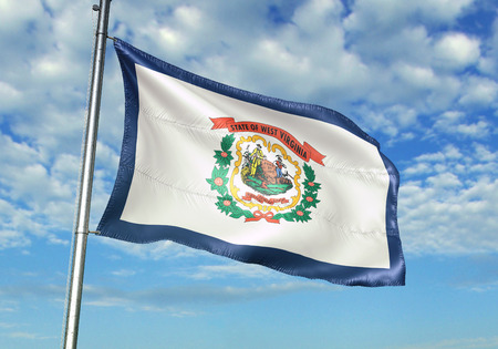 West Virginia state of United States flag waving in the cloudy sky 3D illustrationの写真素材