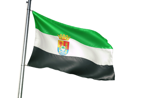 Extremadura of Spain flag waving isolated white background 3D illustrationの写真素材
