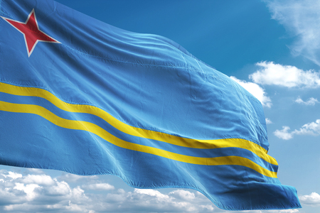 Aruba flag waving blue sky background 3D illustrationの写真素材