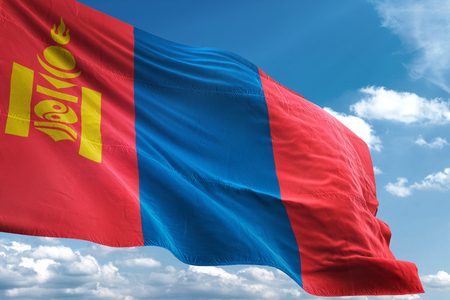 Mongolia flag waving blue sky background 3D illustrationの写真素材