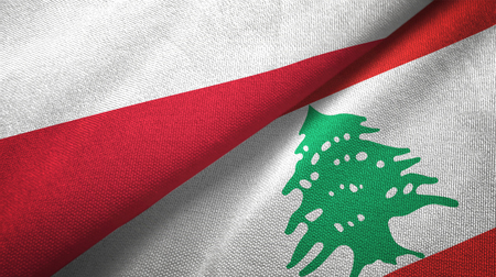 Poland and Lebanon flags together textile cloth, fabric textureの写真素材