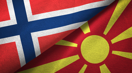 Norway and Macedonia flags together textile cloth, fabric textureの写真素材