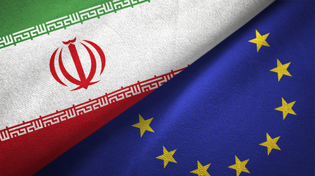 Iran and European Union flags together textile cloth, fabric textureの写真素材