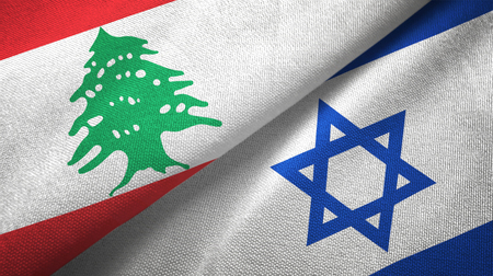 Lebanon and Israel flags together textile cloth, fabric textureの写真素材
