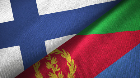 Finland and Eritrea two folded flags togetherの写真素材
