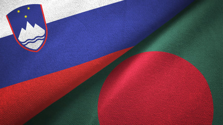 Slovenia and Bangladesh flags together textile cloth, fabric textureの写真素材